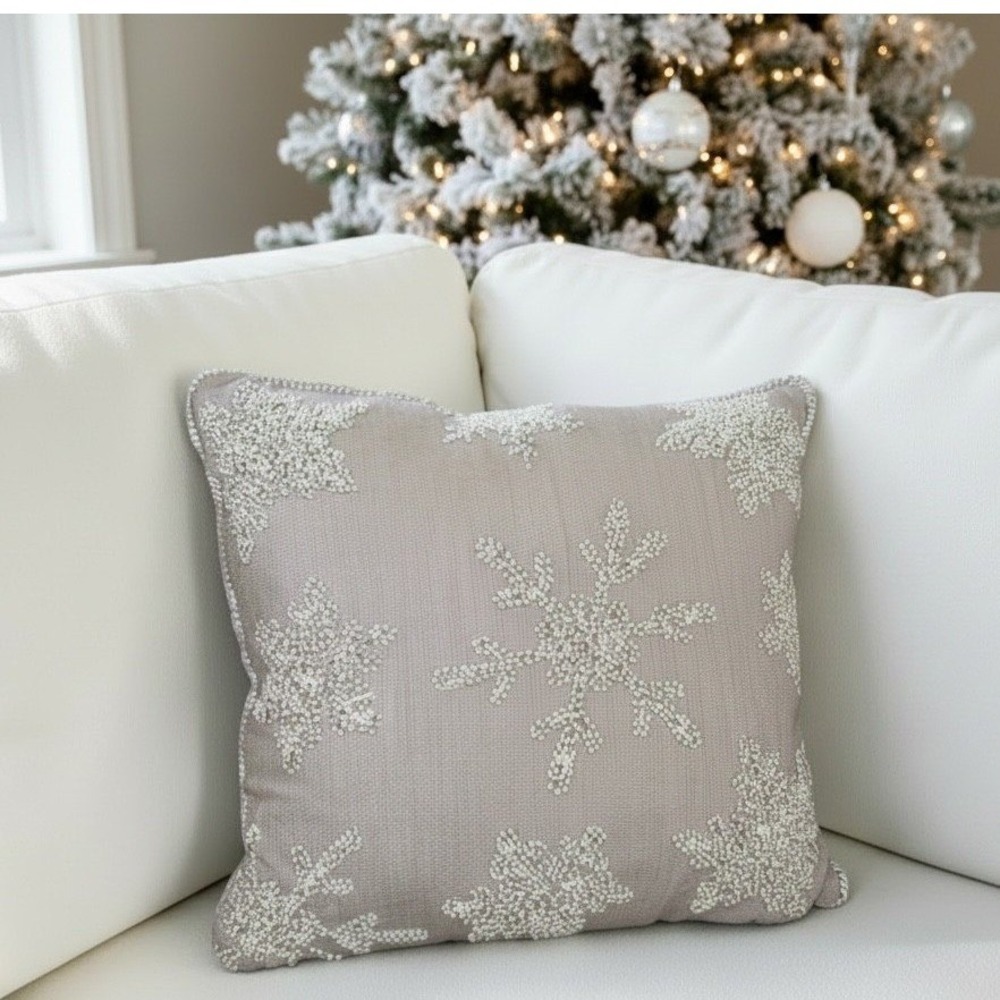 Tahari Home Grey Beaded Snowflake Embroidered Decorative Throw Pillow 20" x 20"